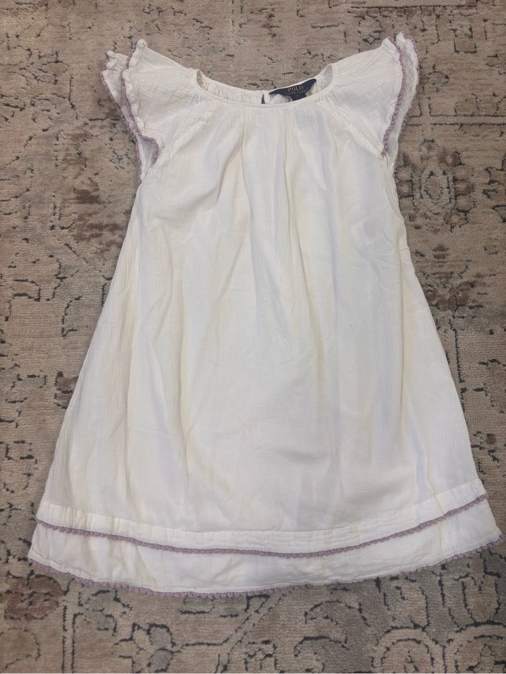 Polo Ralph Lauren White Cotton Girls Dress with Lilac Trim